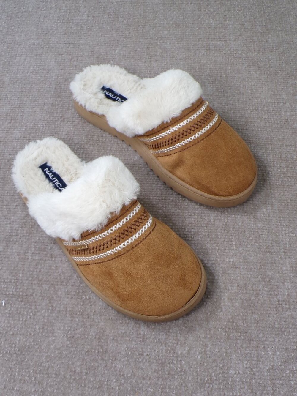 Nautica Faux Fur Micro-Suede Mule Slippers | Men’s Medium | Brown Cozy - Picture 2 of 11